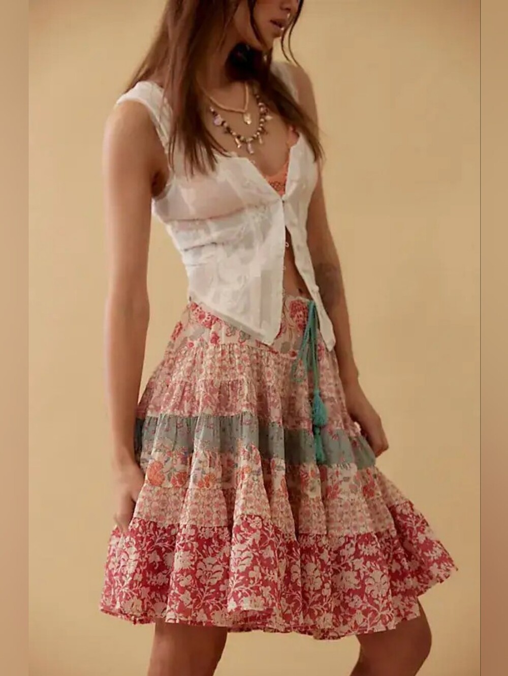 Free People Many Layers Mixed Print Tiered Cotton Boho Skirt Size XS